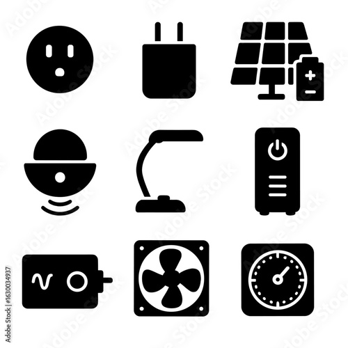Energy-Efficient Home Devices. Solid, filled icons set of energy-efficient home devices: smart plug, USB