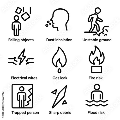 Collapse Hazard Icon Set. Outline icon set of collapse hazards: falling objects, dust inhalation, unstable ground, electrical