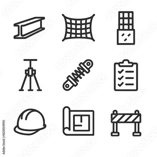 Collapse Prevention Icons. Outline icon set of collapse prevention and reinforcement: steel beam, safety net, concrete pillar,