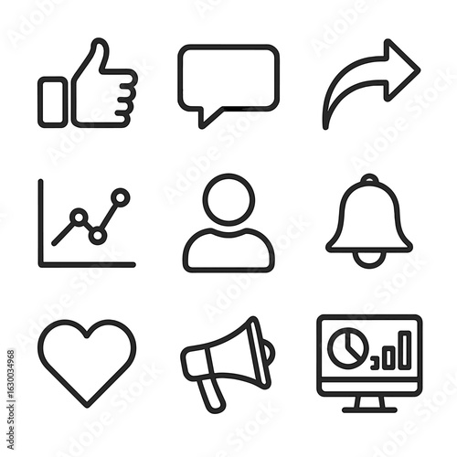 Engagement Icon Set. Outline icon set of engagement rate infographic: like button, comment bubble, share arrow