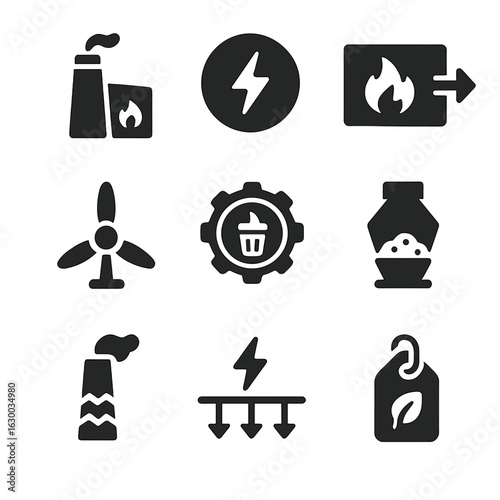 Energy-from-Waste Icons. Solid, filled icons set of energy-from-waste systems: incinerator icon, energy output