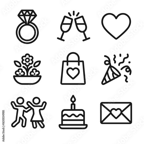 Engagement Icon Set. Outline icon set of engagement festivities: diamond ring, clinking glasses, heart symbol,
