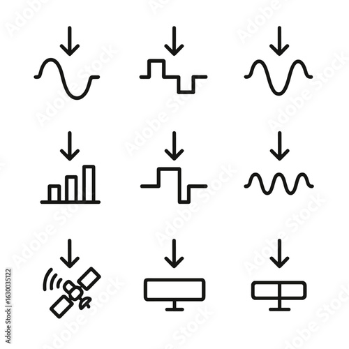 Diverse Signal Icons. Outline icon set of downlink signal types: analog signal, digital signal, modulated wave, frequency band,