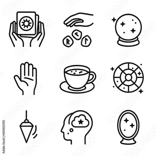 Divination Icon Set. Outline icon set of divination methods: tarot reading, rune casting, crystal gazing, palm reading, tea leaves