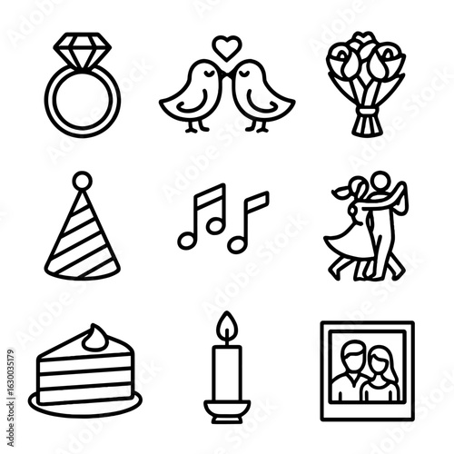 Engagement Party Icons. Outline icon set of engagement party celebrations: diamond ring, love birds, bouquet,