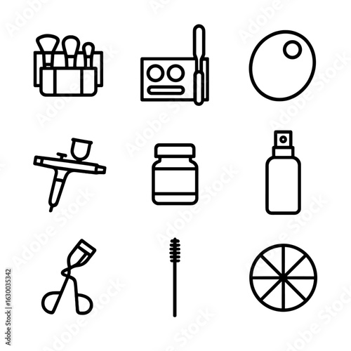 MUA Kit Icons. Outline icon set of professional MUA kit: brush belt, palette spatula, mixing tray, airbrush gun, pigment jar,
