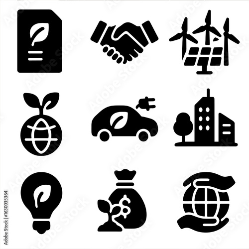 Environmental Icons Set. Solid, filled icons set of Environmental policy and climate solutions: legislation