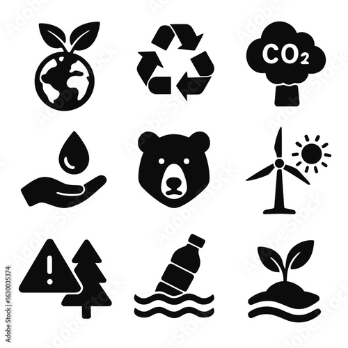 Environmental Awareness Icons. Solid, filled icons set of environmental impact awareness: globe with leaves,