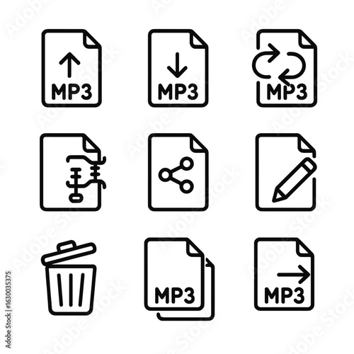 MP3 File Operations Icons. Outline icon set of MP3 file operations: upload, download, convert, compress, share, rename, delete,