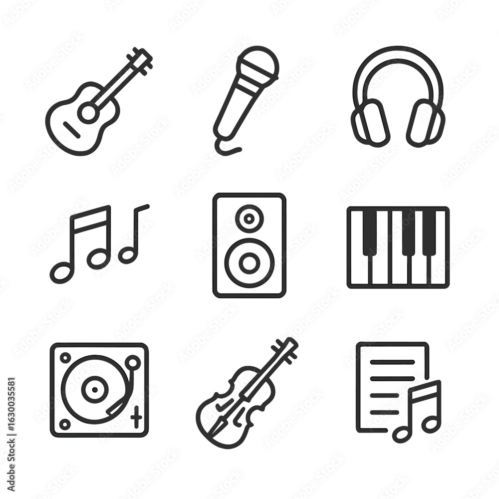Obraz premium Music Icons Collection. Outline icon set of solo music performance: guitar, microphone, headphones, music notes, speaker, piano