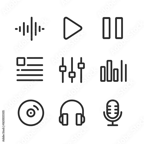 Music Icon Set. Outline icon set of music tracks: audio wave, play button, pause button, playlist, sound mixer, equalizer, vinyl
