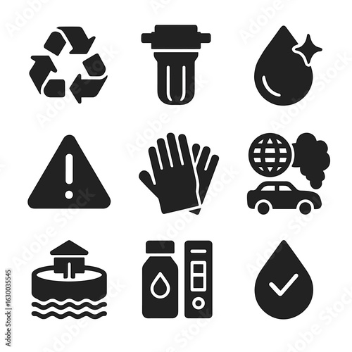 Environmental Icons Grid. Solid, filled icons set of environmental protection: recycling symbol, water filter,