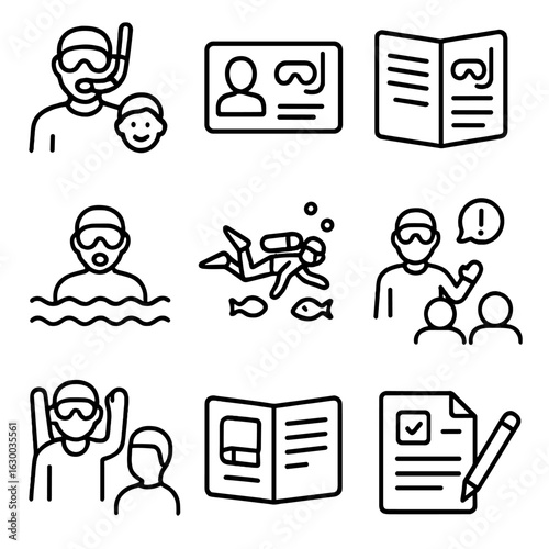 Diving Certification Icons. Outline icon set of diving training and certification: instructor, certification card, training manual