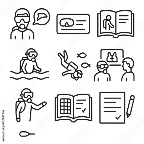 Diving Certification Icons. Outline icon set of diving training and certification: instructor, certification card, training manual