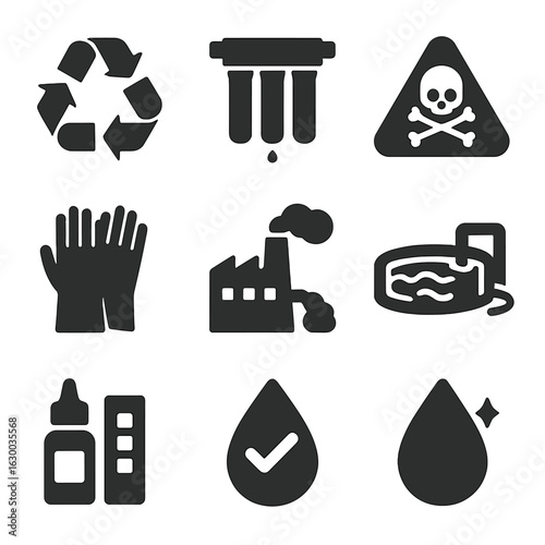 Environmental Icons Grid. Solid, filled icons set of environmental protection: recycling symbol, water filter,