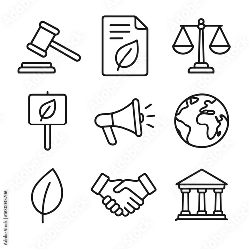 Environmental Law Icons. Outline icon set of environmental policy and law: gavel, document, scales of justice,