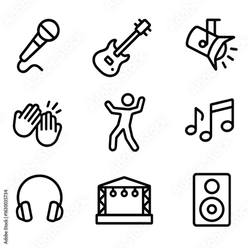 Music Performance Icons. Outline icon set of shiver in music and performance: microphone, electric guitar, spotlight, clapping