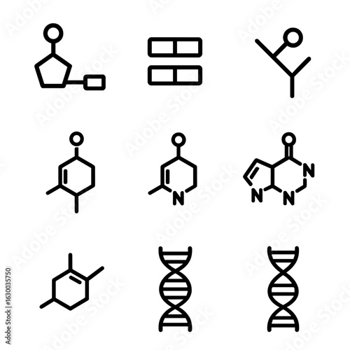 DNA Structure Icons. Outline icon set of DNA structure elements: nucleotide, base pair, phosphate backbone, adenine, thymine,