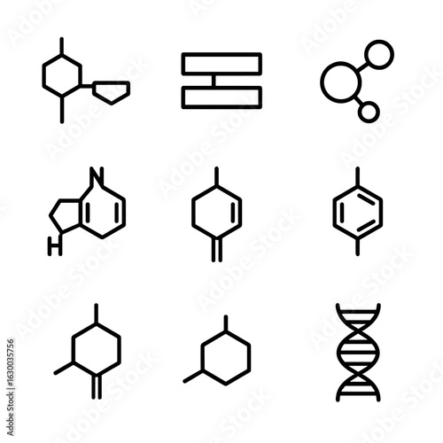 DNA Structure Icons. Outline icon set of DNA structure elements: nucleotide, base pair, phosphate backbone, adenine, thymine,