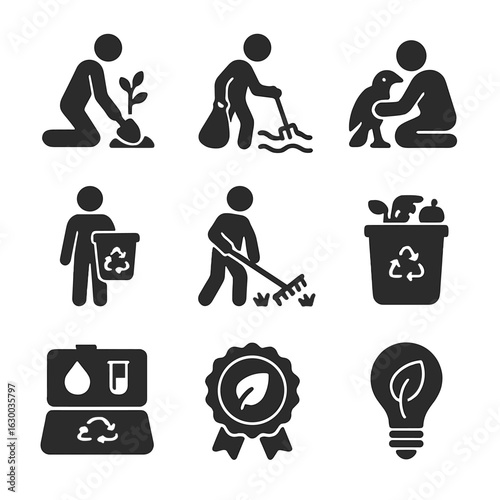 Environmental Volunteer Icons. Solid, filled icons set of environmental volunteering: tree planting, beach