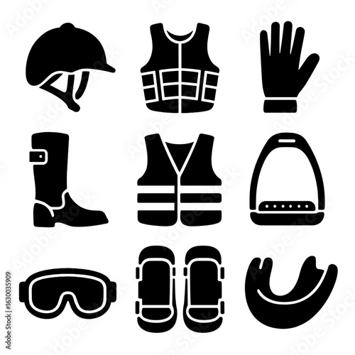 Equestrian Safety Gear Icons. Solid, filled icons set of equestrian safety gear: helmet, body protector,