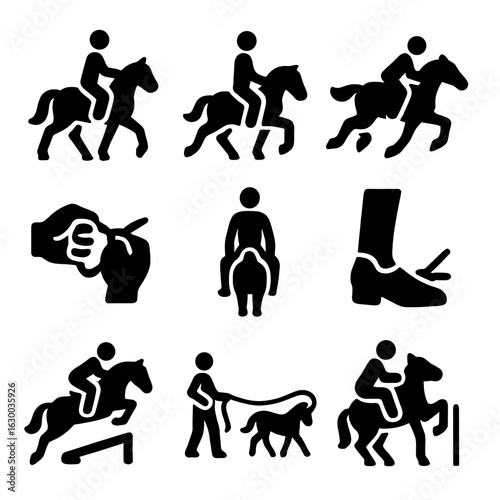 Equestrian Techniques Icons. Solid, filled icons set of riding techniques: trot, canter, gallop, rein control,