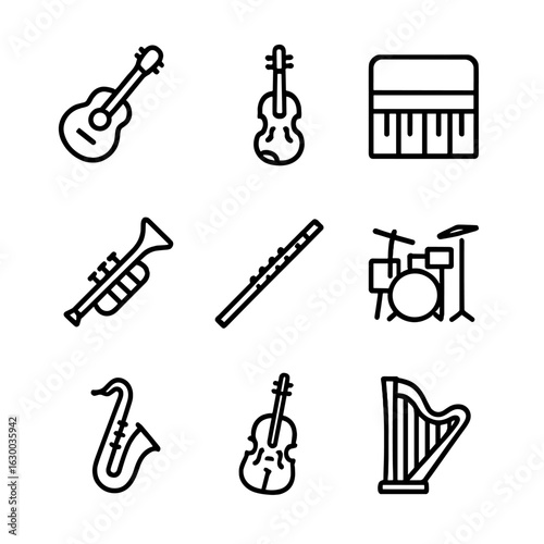 Musical Instrument Icons. Outline icon set of musical instruments tuning: guitar, violin, piano, trumpet, flute, drum kit,