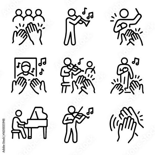 Musical Performance Icons. Outline icon set of clap in musical performance: audience clapping, instrumental performance, conductor