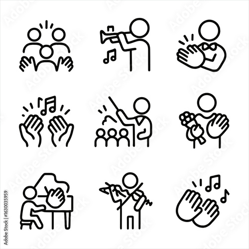 Musical Performance Icons. Outline icon set of clap in musical performance: audience clapping, instrumental performance, conductor