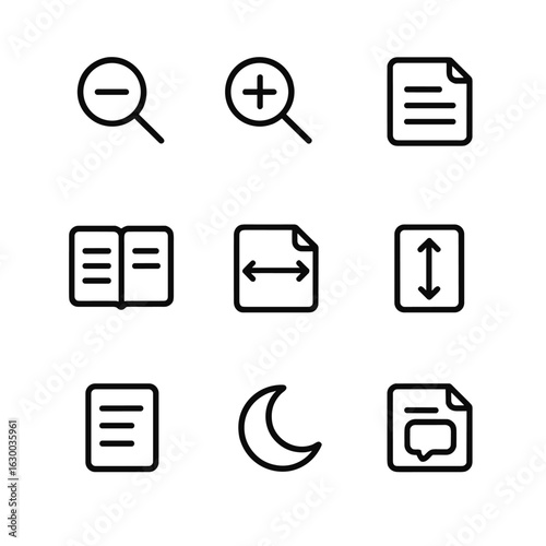 Document View Icons. Outline icon set of document reader view options: zoom out, zoom in, single page, two-page view, page width,