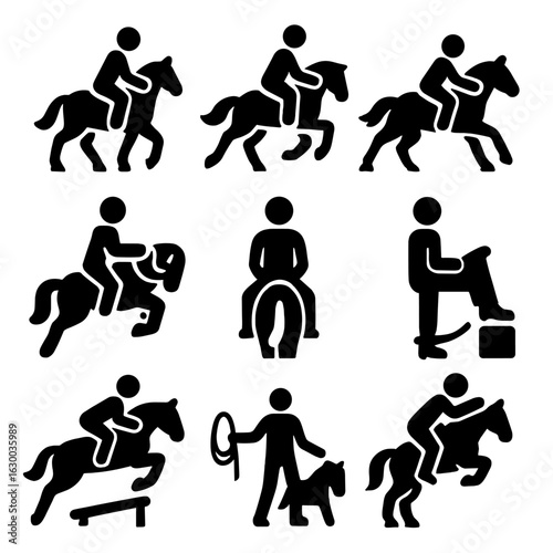Equestrian Techniques Icons. Solid, filled icons set of riding techniques: trot, canter, gallop, rein control,