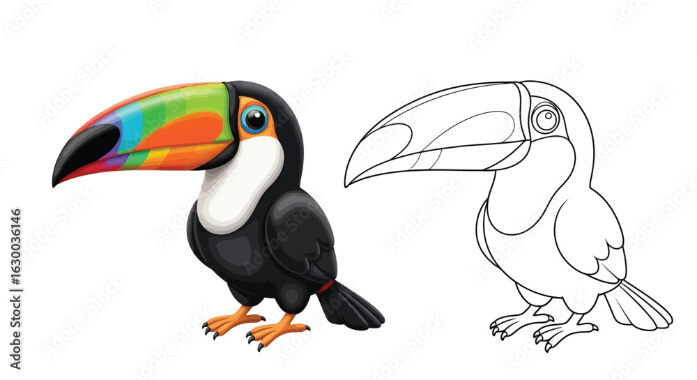 Fototapeta premium Tropical Toucan Cartoon Coloring Page for Kids Cheerful Jungle Bird Printable Art