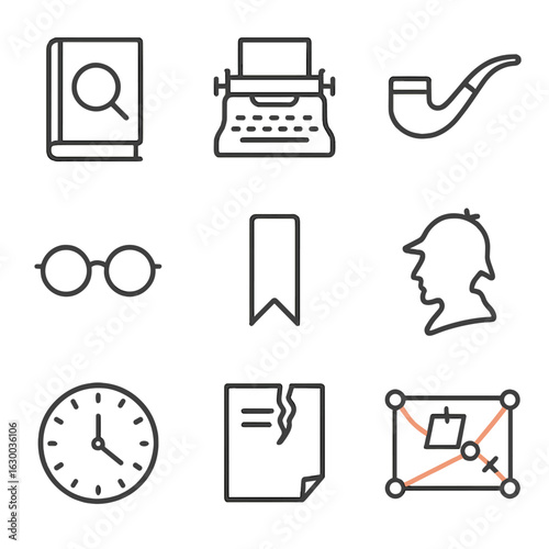 Mystery Icon Set. Outline icon set of mystery novels: book cover, typewriter, pipe, reading glasses, bookmark, shadow silhouette,