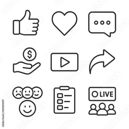 Esports Engagement Icons. Outline icon set of esports audience engagement: thumbs up, heart reaction, chat box