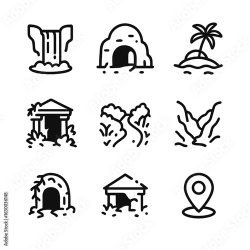 Mystery Icons Collection. Outline icon set of undiscovered places: hidden waterfall outline, secret cave entrance, remote island