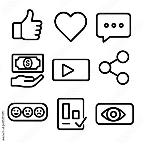 Esports Engagement Icons. Outline icon set of esports audience engagement: thumbs up, heart reaction, chat box