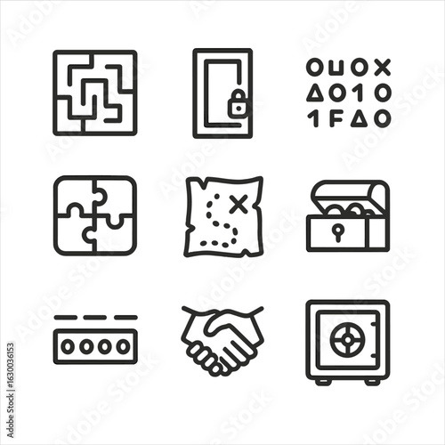 Mystery Icon Set. Outline icon set of puzzle and enigma: maze, locked door, cipher text, jigsaw puzzle, mysterious map, hidden