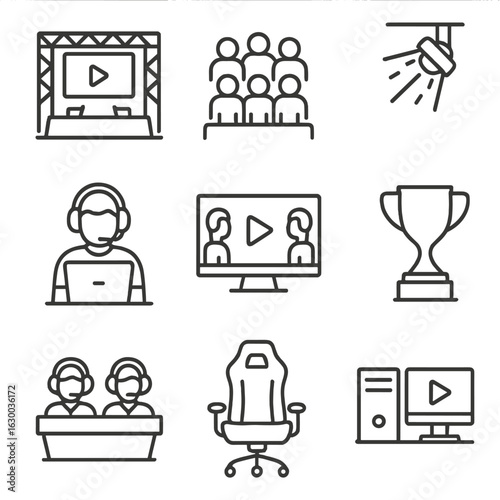 Esports Event Icon Set. Outline icon set of live esports event: stage, audience, spotlight, gamer, large