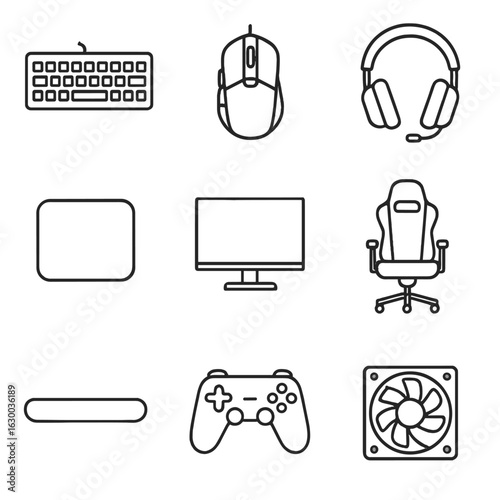 Esports Gear Icons. Outline icon set of esports player gear: mechanical keyboard, gaming mouse, headset, mouse