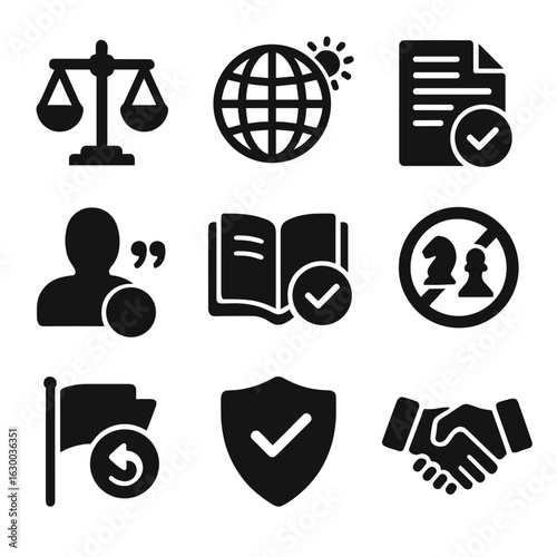 Ethical Journalism Icons. Solid, filled icons set of ethical journalism principles: balance scale, truth icon,