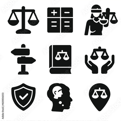 Ethical Icons Grid. Solid, filled icons set of ethical decision-making: balanced options icon, pros and cons