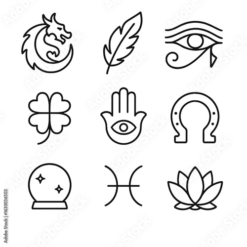 Mystical Talisman Icons. Outline icon set of mystical talismans: dragon talisman, phoenix feather, eye of horus, four-leaf clover,