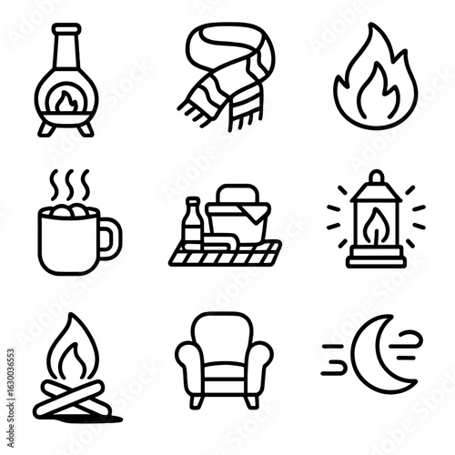 Evening Fire Icons. Outline icon set of evening outdoor fire: chimney fire pit, warm scarf, glowing flames,