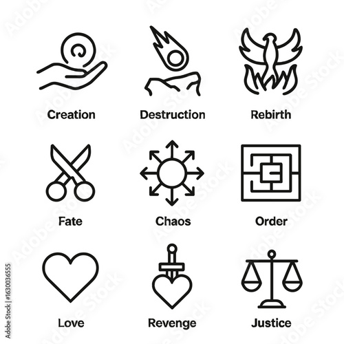 Mythic Icon Grid. Outline icon set of mythic themes: creation, destruction, rebirth, fate, chaos, order, love, revenge, justice.