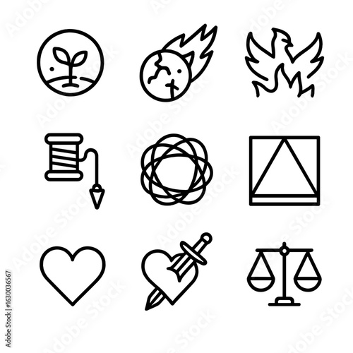 Mythic Icon Grid. Outline icon set of mythic themes: creation, destruction, rebirth, fate, chaos, order, love, revenge, justice.