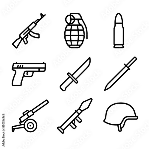 Combat Equipment Icons. Outline icon set of conflict zone combat equipment: rifle, grenade, bullet, pistol, knife, bayonet,