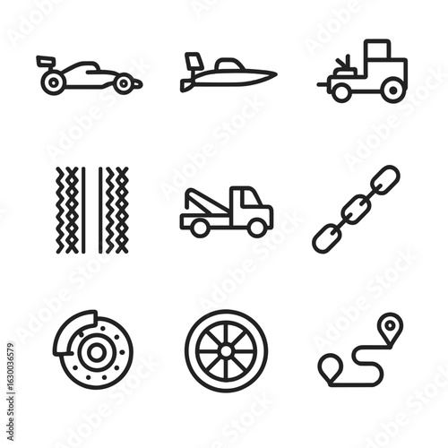 Drag Vehicle Icons. Outline icon set of drag in vehicle and transport: drag race car, drag boat, drag sled, drag tire tracks, tow