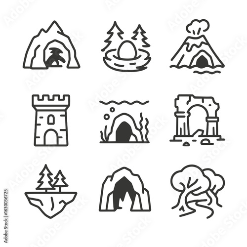 Dragon Habitat Icons. Outline icon set of dragon habitats: mountain cave, forest nest, volcanic lair, castle tower, underwater