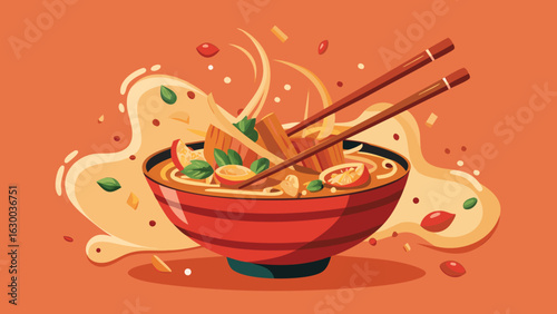 Illustration of a bowl of ramen with chopsticks and various toppings on an orange background design