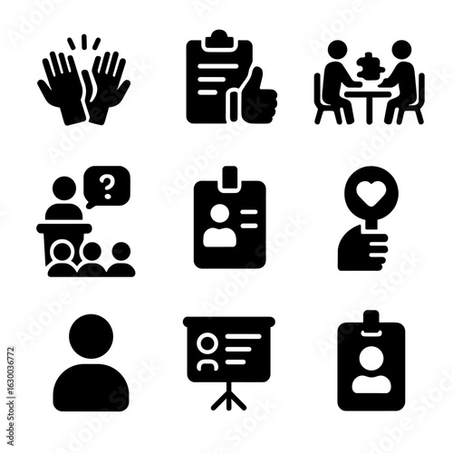 Event Interaction Icons. Solid, filled icons set of in-person event interaction: audience clap, event feedback